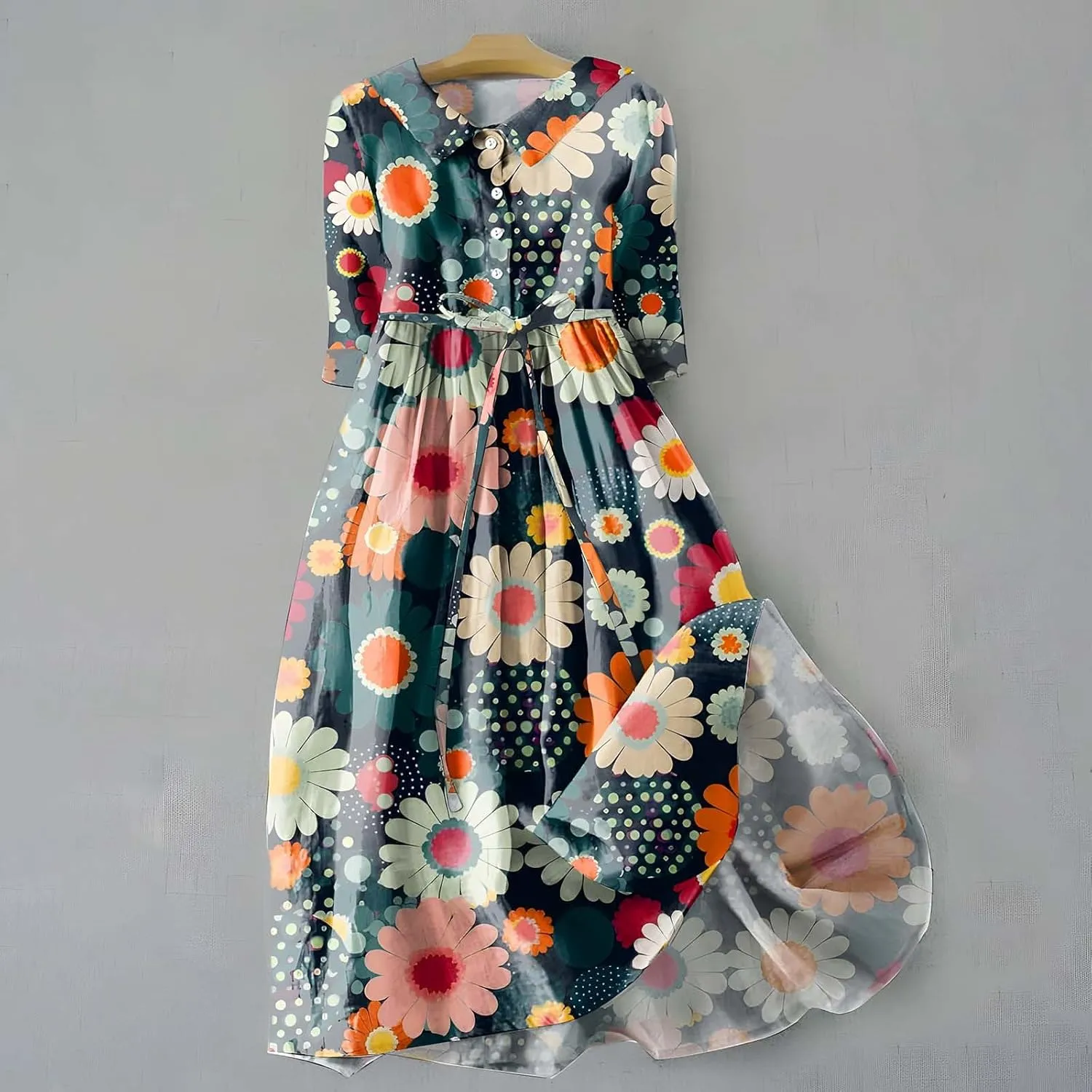 Women Summer Cotton Linen Dress 3/4 Sleeve Crew Neck Loose Long Dress Double Layers Flowy Smocked Tiered Dress