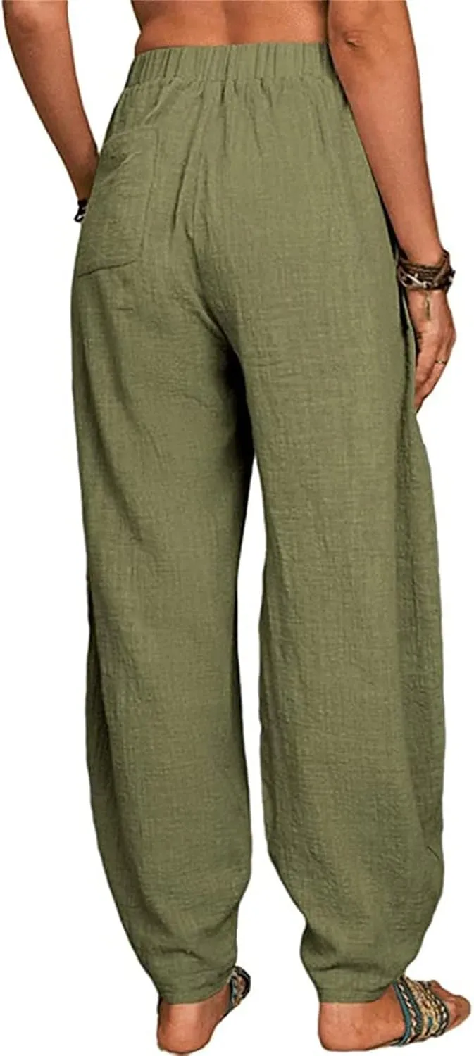 Women Wide Leg Linen Pants 2025 Summer Casual High Waisted Palazzo Pant Loose Ruched Trouser with Pocket
