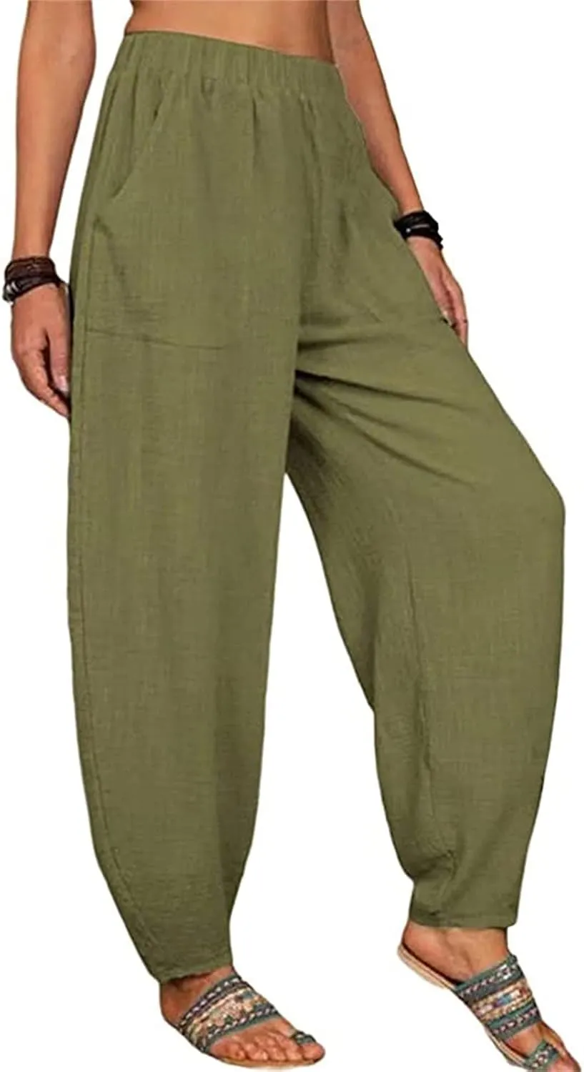 Women Wide Leg Linen Pants 2025 Summer Casual High Waisted Palazzo Pant Loose Ruched Trouser with Pocket