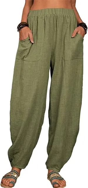 Women Wide Leg Linen Pants 2025 Summer Casual High Waisted Palazzo Pant Loose Ruched Trouser with Pocket