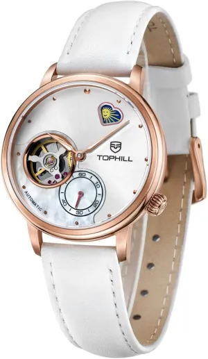 Womens Automatic Watch, Elegant Leather Watch for Lady,Sapphire Crystal,Day& Night Display, Skeleton Mechanical, White