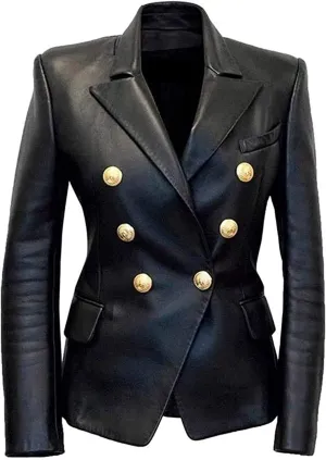 WOMEN’S BLACK Double Breasted REAL LEATHER KIM KARDASHIAN BLAZER COAT JACKET