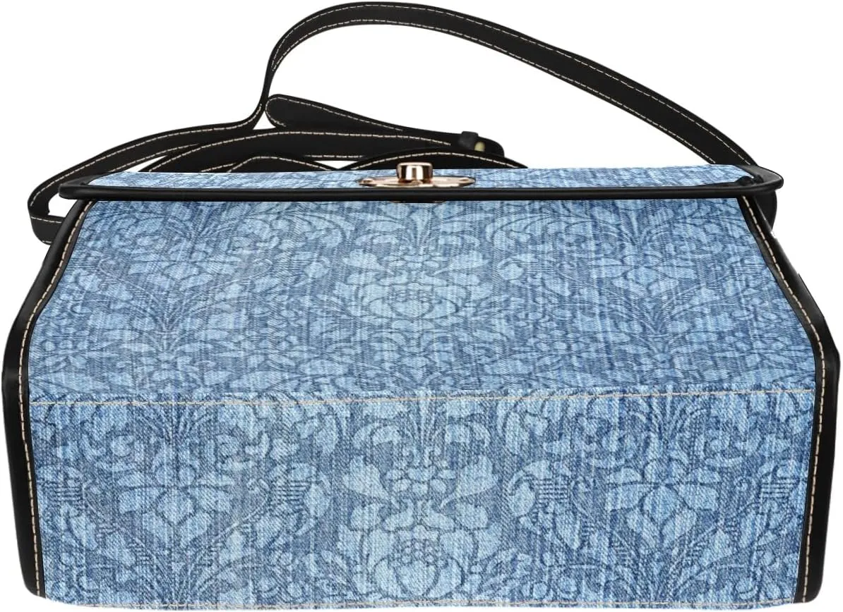 Women's Blue Denim Print Canvas Satchel Handbag Black Vegan Leather Trim