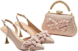 Women's Diamond High Heel Shoes and Bag Set with Pointed Toe Spike Heel Slingbacks for Party