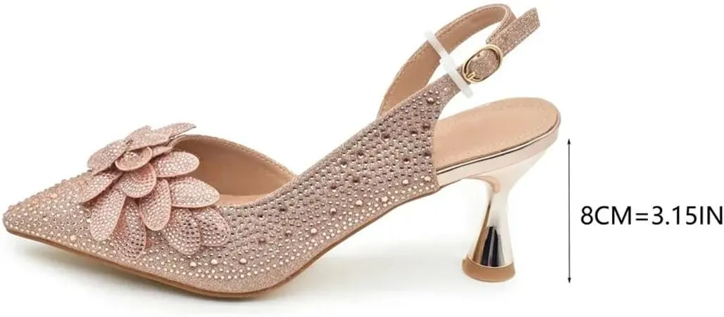 Women's Diamond High Heel Shoes and Bag Set with Pointed Toe Spike Heel Slingbacks for Party