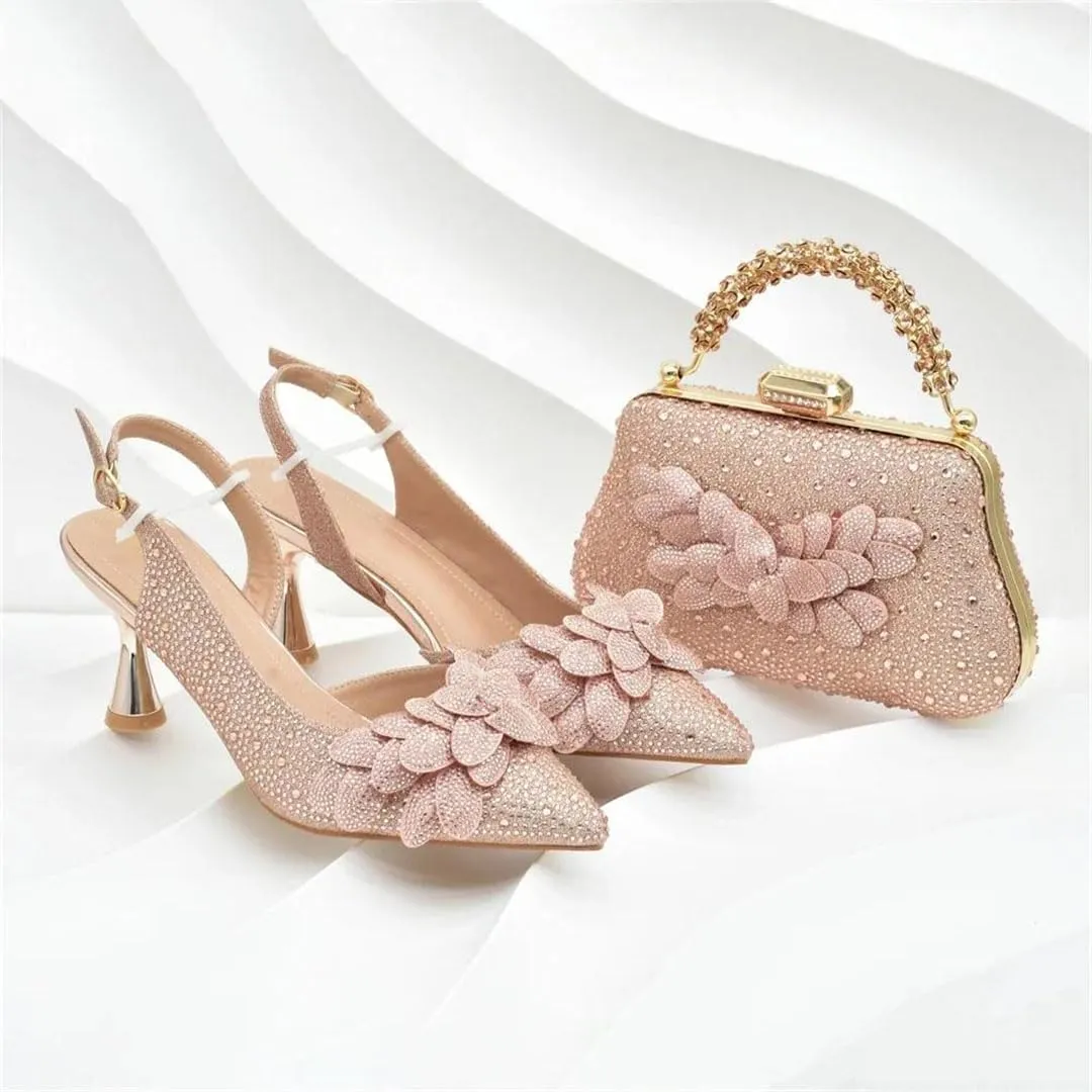 Women's Diamond High Heel Shoes and Bag Set with Pointed Toe Spike Heel Slingbacks for Party