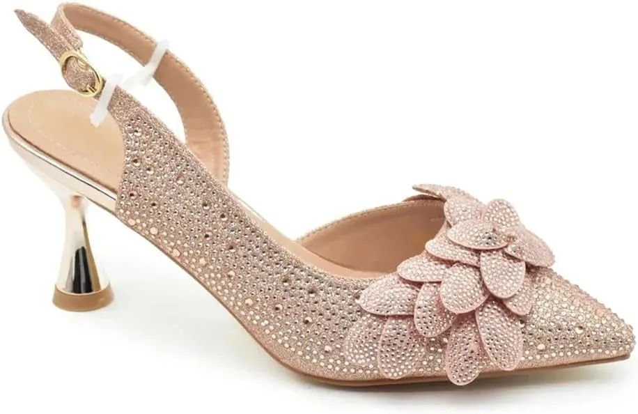 Women's Diamond High Heel Shoes and Bag Set with Pointed Toe Spike Heel Slingbacks for Party