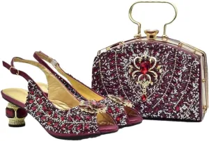 Women's Full Diamond Peep Toe Slingback and Bag Set with Round Heel for Party and Wedding
