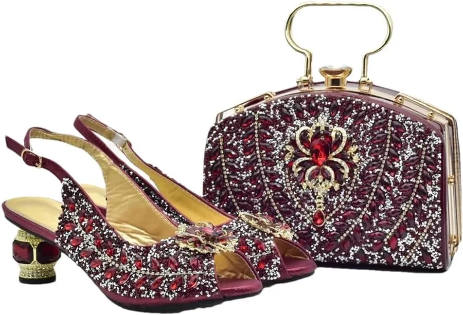Women's Full Diamond Peep Toe Slingback and Bag Set with Round Heel for Party and Wedding