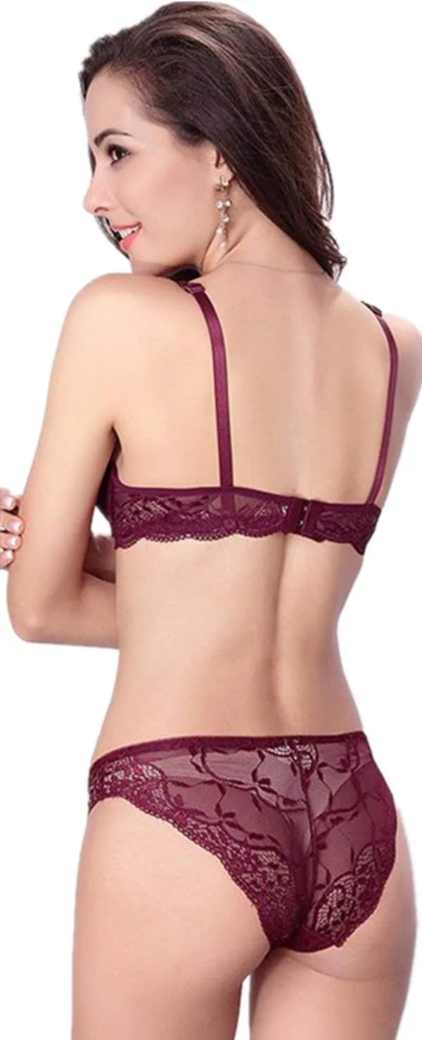 Women's Lumiere Lace Push Up Embroidery Bras Set Lace Lingerie Bra and Panties