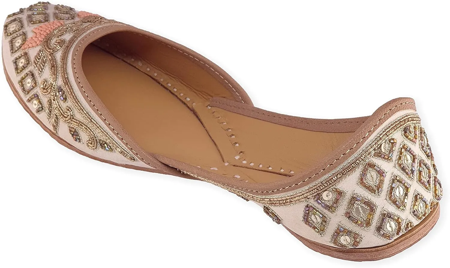 Women's Marguerite Daisy Gold Genuine Soft Leather Embroidered Jutis | Bite and Pinch Free Jutti | Punjabi Formal Juttis | Girl's Indian Wedding Flat Ladies Mojari | Formal Ethnic Juti |