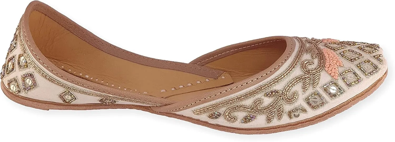 Women's Marguerite Daisy Gold Genuine Soft Leather Embroidered Jutis | Bite and Pinch Free Jutti | Punjabi Formal Juttis | Girl's Indian Wedding Flat Ladies Mojari | Formal Ethnic Juti |