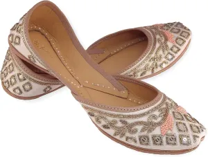 Women's Marguerite Daisy Gold Genuine Soft Leather Embroidered Jutis | Bite and Pinch Free Jutti | Punjabi Formal Juttis | Girl's Indian Wedding Flat Ladies Mojari | Formal Ethnic Juti |