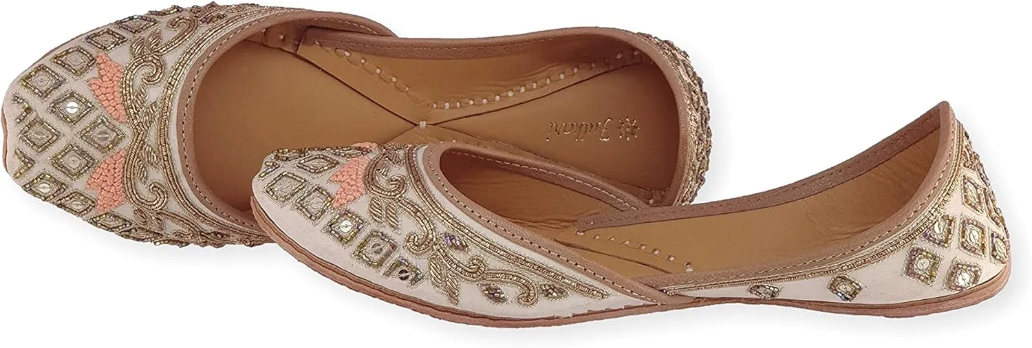 Women's Marguerite Daisy Gold Genuine Soft Leather Embroidered Jutis | Bite and Pinch Free Jutti | Punjabi Formal Juttis | Girl's Indian Wedding Flat Ladies Mojari | Formal Ethnic Juti |