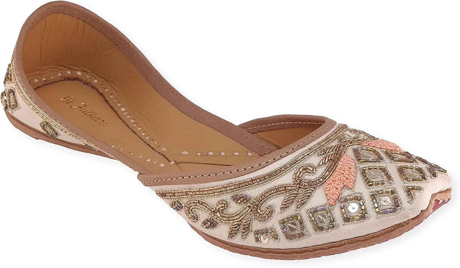 Women's Marguerite Daisy Gold Genuine Soft Leather Embroidered Jutis | Bite and Pinch Free Jutti | Punjabi Formal Juttis | Girl's Indian Wedding Flat Ladies Mojari | Formal Ethnic Juti |