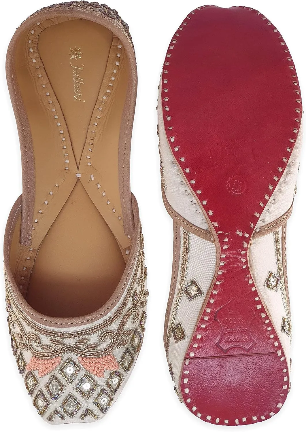 Women's Marguerite Daisy Gold Genuine Soft Leather Embroidered Jutis | Bite and Pinch Free Jutti | Punjabi Formal Juttis | Girl's Indian Wedding Flat Ladies Mojari | Formal Ethnic Juti |