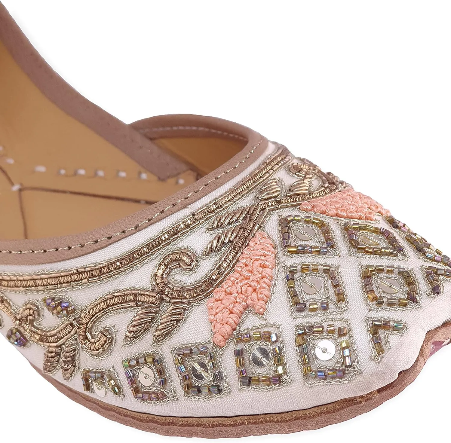 Women's Marguerite Daisy Gold Genuine Soft Leather Embroidered Jutis | Bite and Pinch Free Jutti | Punjabi Formal Juttis | Girl's Indian Wedding Flat Ladies Mojari | Formal Ethnic Juti |