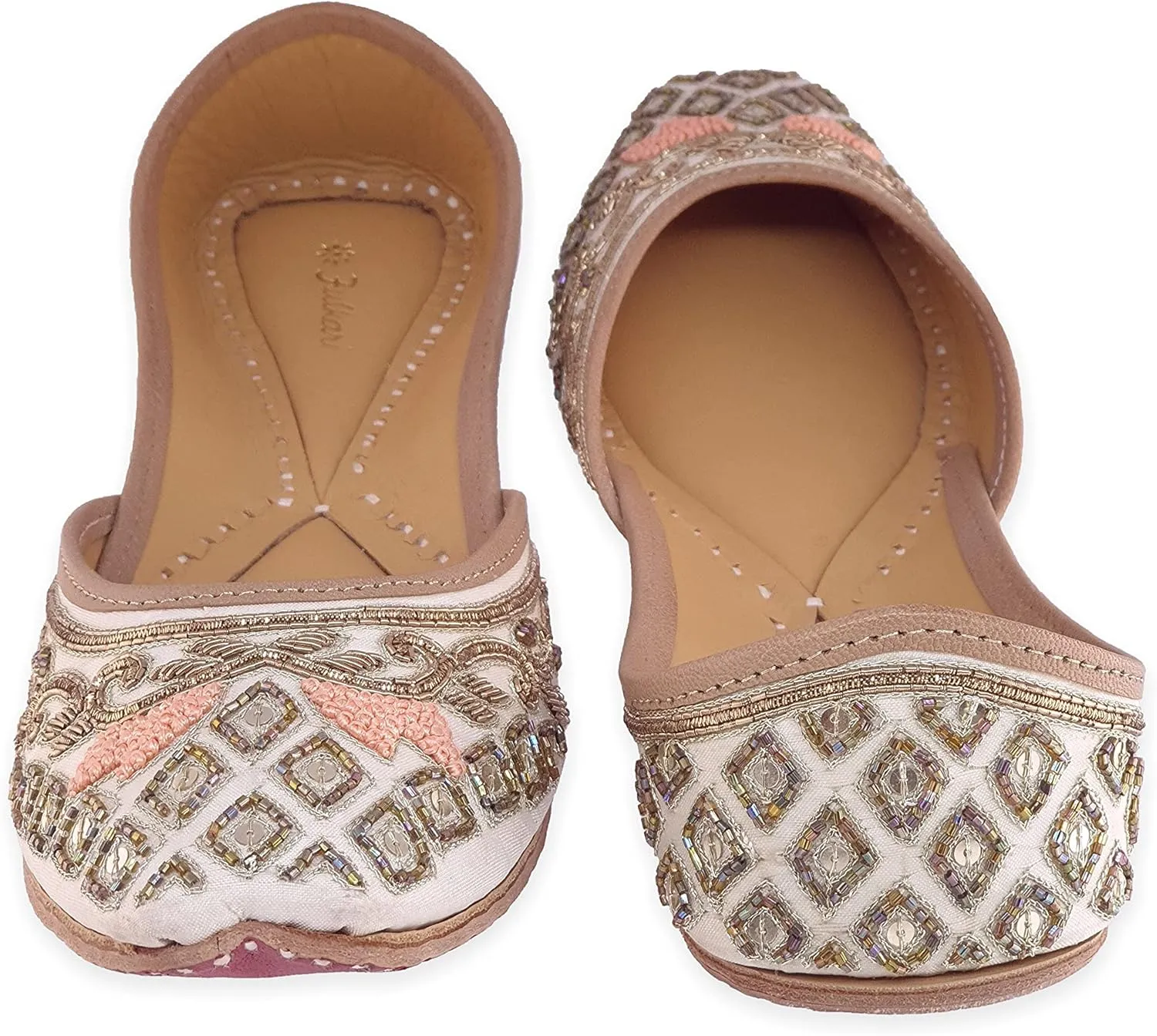 Women's Marguerite Daisy Gold Genuine Soft Leather Embroidered Jutis | Bite and Pinch Free Jutti | Punjabi Formal Juttis | Girl's Indian Wedding Flat Ladies Mojari | Formal Ethnic Juti |
