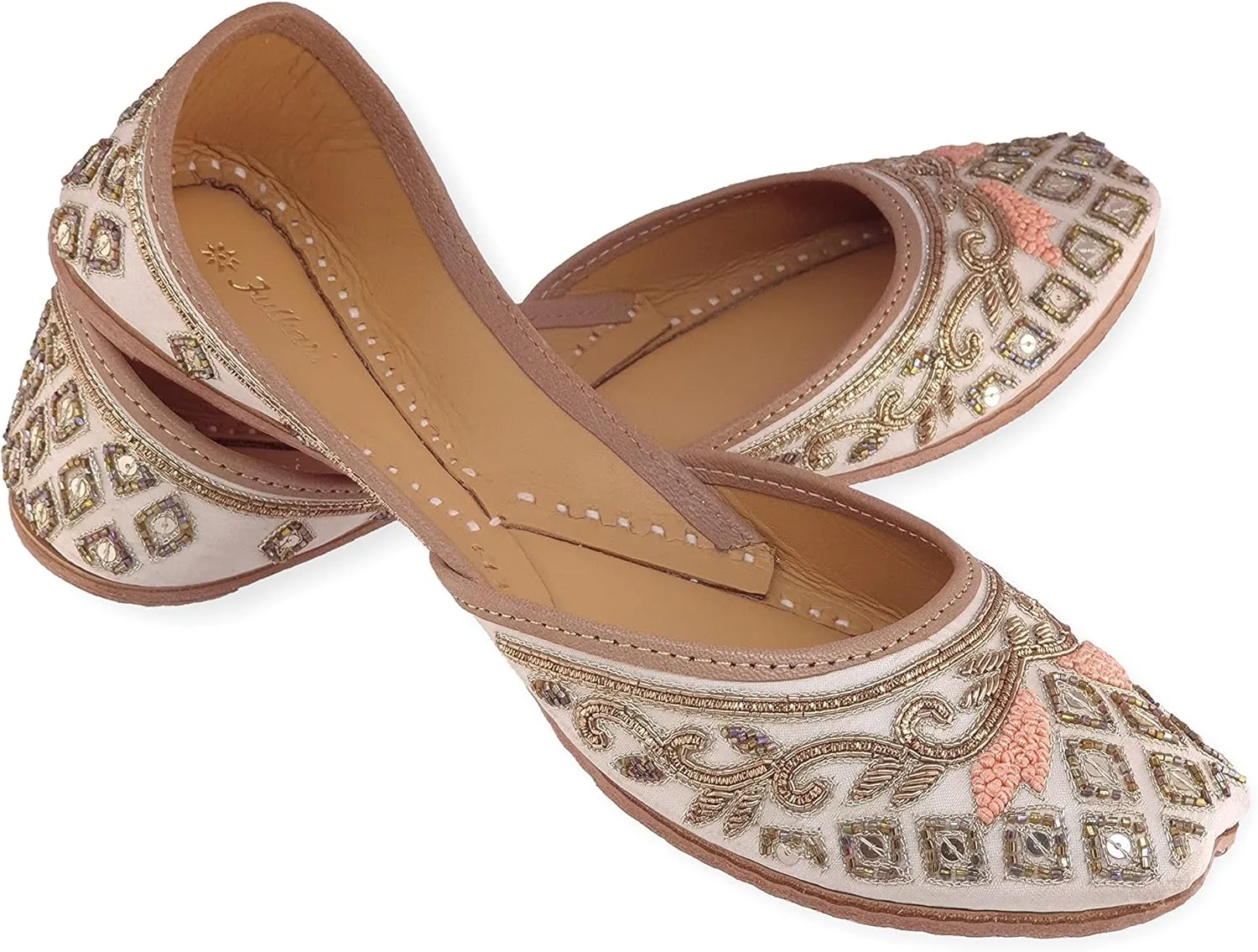 Women's Marguerite Daisy Gold Genuine Soft Leather Embroidered Jutis | Bite and Pinch Free Jutti | Punjabi Formal Juttis | Girl's Indian Wedding Flat Ladies Mojari | Formal Ethnic Juti |