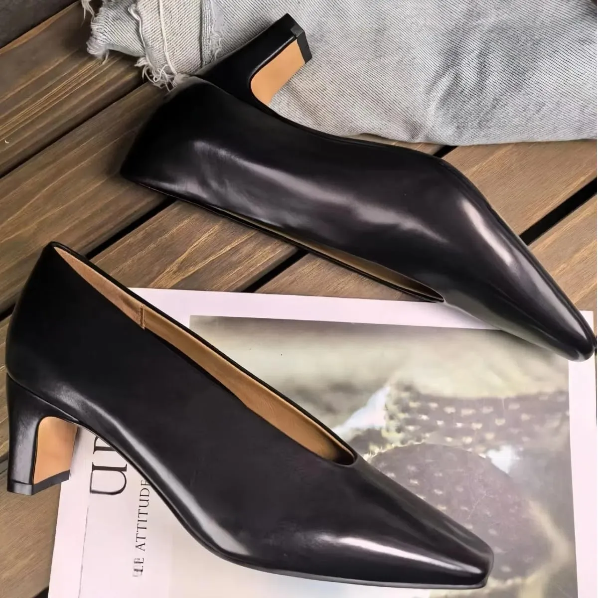 Women's Retro Pumps Chunky Block Heel Genuine Leather Shoes Matte Silk Lining Office Closed Toe Heels for Comfort