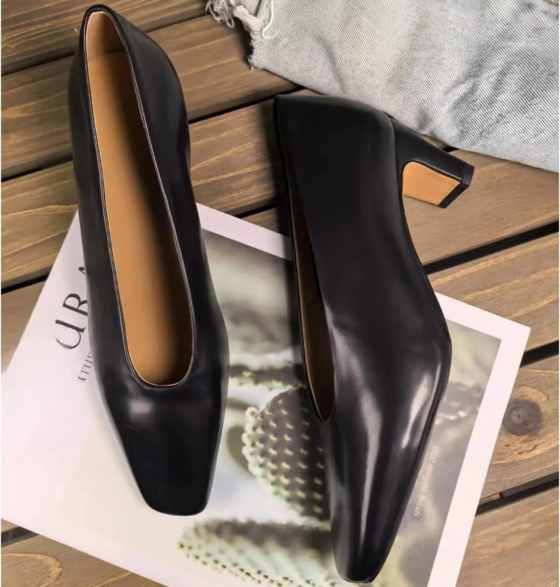 Women's Retro Pumps Chunky Block Heel Genuine Leather Shoes Matte Silk Lining Office Closed Toe Heels for Comfort