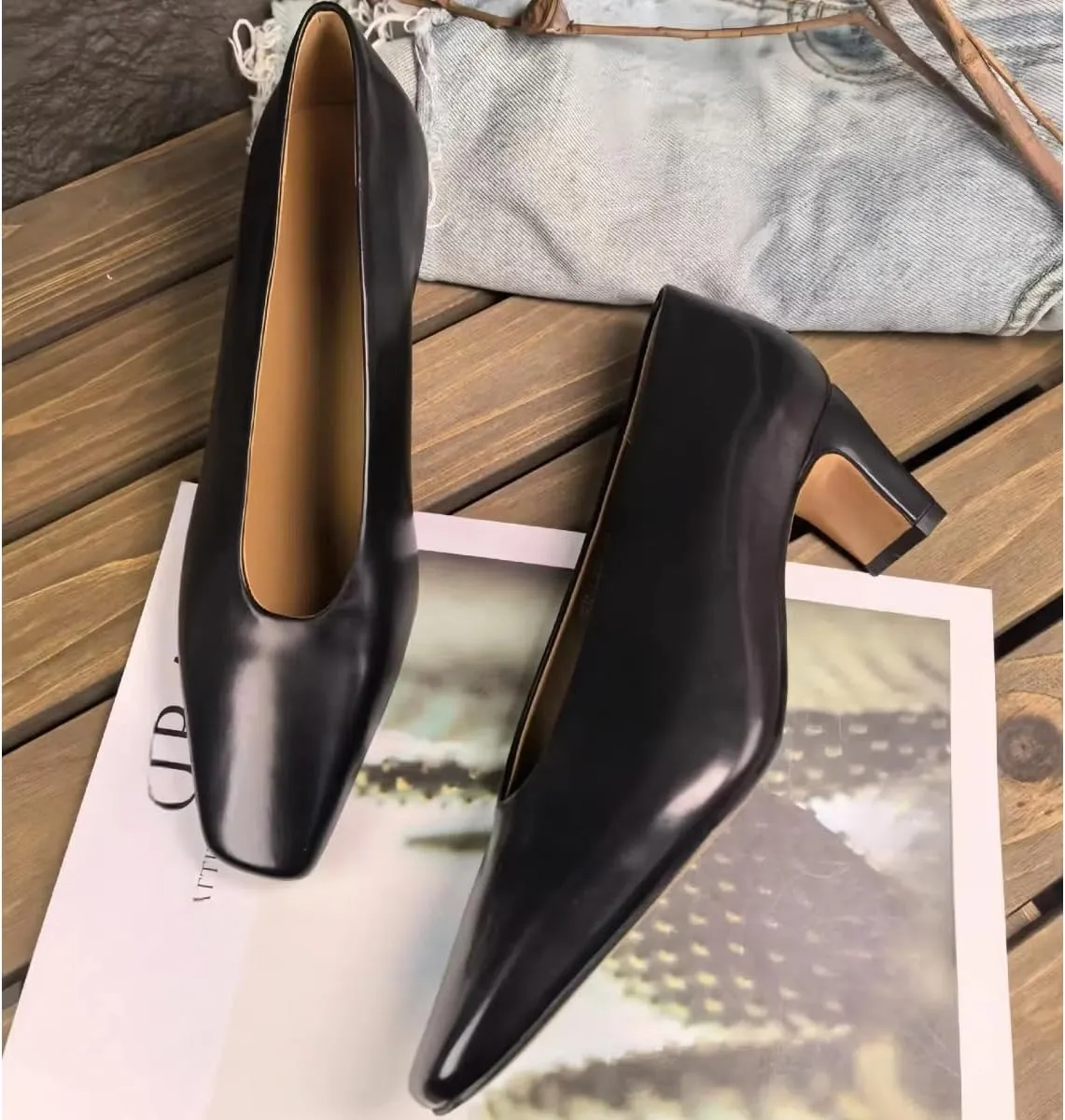 Women's Retro Pumps Chunky Block Heel Genuine Leather Shoes Matte Silk Lining Office Closed Toe Heels for Comfort