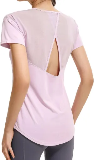 Women’s Short Sleeve Mesh Athletic Tops Open Back Workout Running Tank Tops
