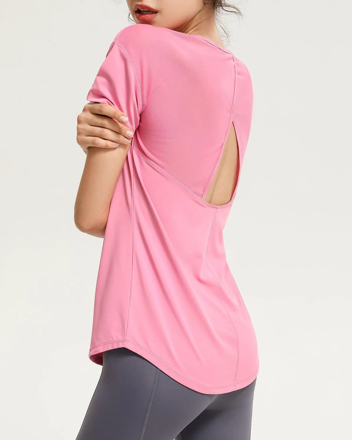 Women’s Short Sleeve Mesh Athletic Tops Open Back Workout Running Tank Tops