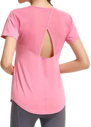 Women’s Short Sleeve Mesh Athletic Tops Open Back Workout Running Tank Tops