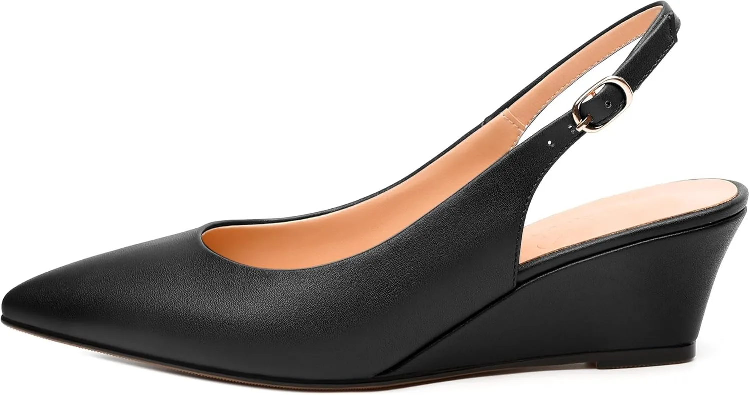 Womens Slingback Pumps Shoes, Pointed Toe Wedge Mid Heel Slingbacks Leather Insole Shoes for Women 2"