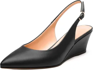 Womens Slingback Pumps Shoes, Pointed Toe Wedge Mid Heel Slingbacks Leather Insole Shoes for Women 2"