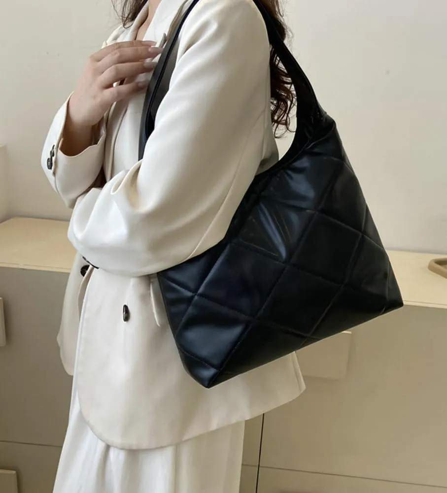 Women's Soft Quilted Shoulder Bag PU Leather Tote Bag Large Diamond Handbag Underarm Purse Top Handle Bag