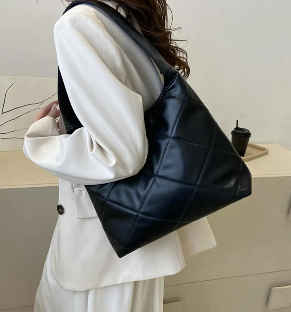 Women's Soft Quilted Shoulder Bag PU Leather Tote Bag Large Diamond Handbag Underarm Purse Top Handle Bag