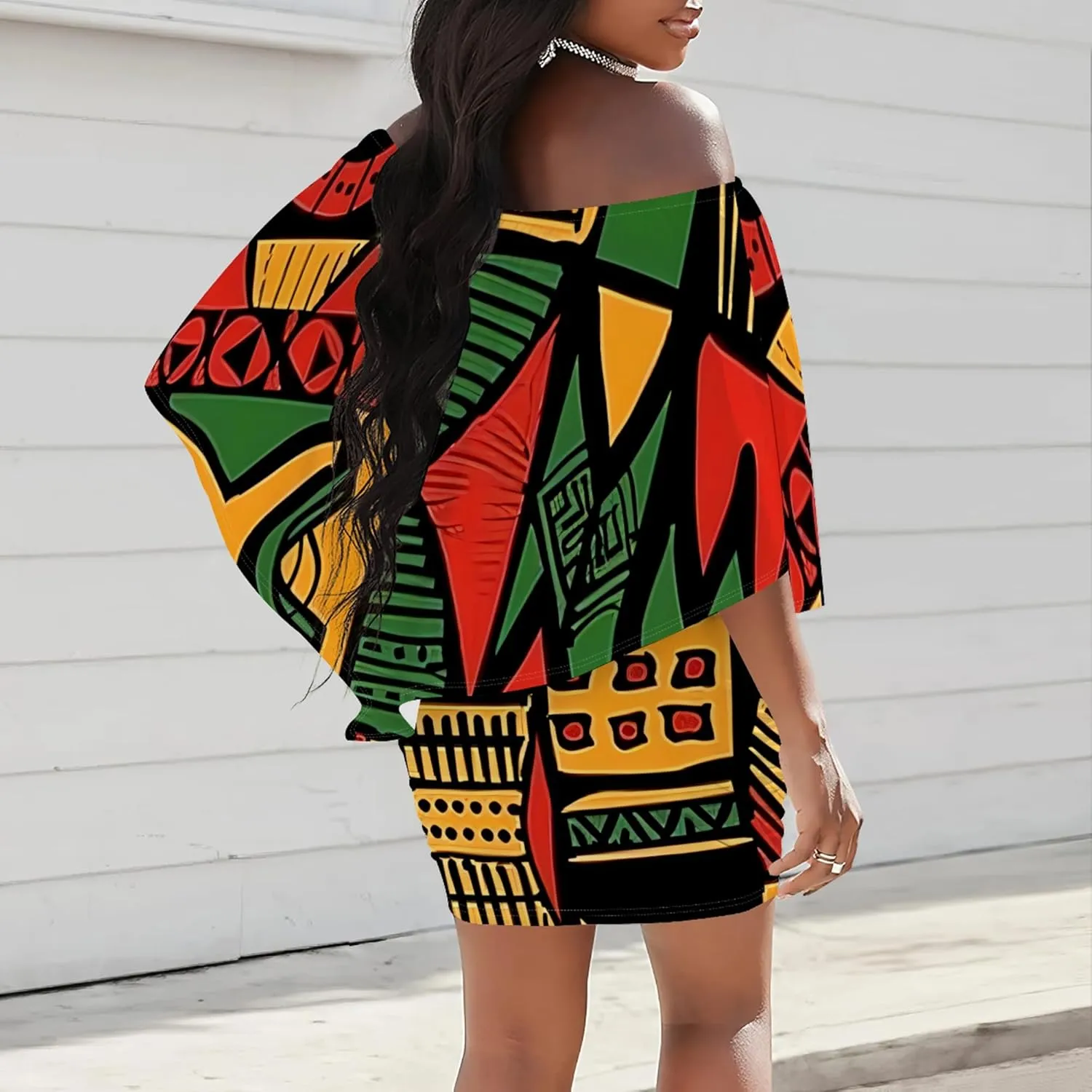 Women's Summer Off The Shoulder Ruched Bodycon Dresses African Print Ruffles Elegant Wedding Guest Party Club Mini Dress