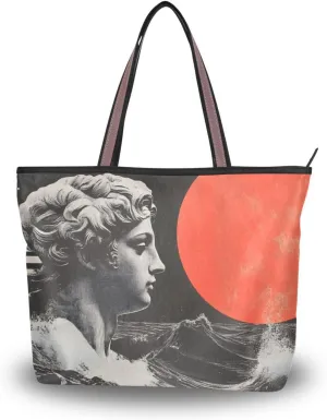 Womens Tote Bags Surreal Statue Print Reusable Grocery Handbag Bags with Zipper Large Size