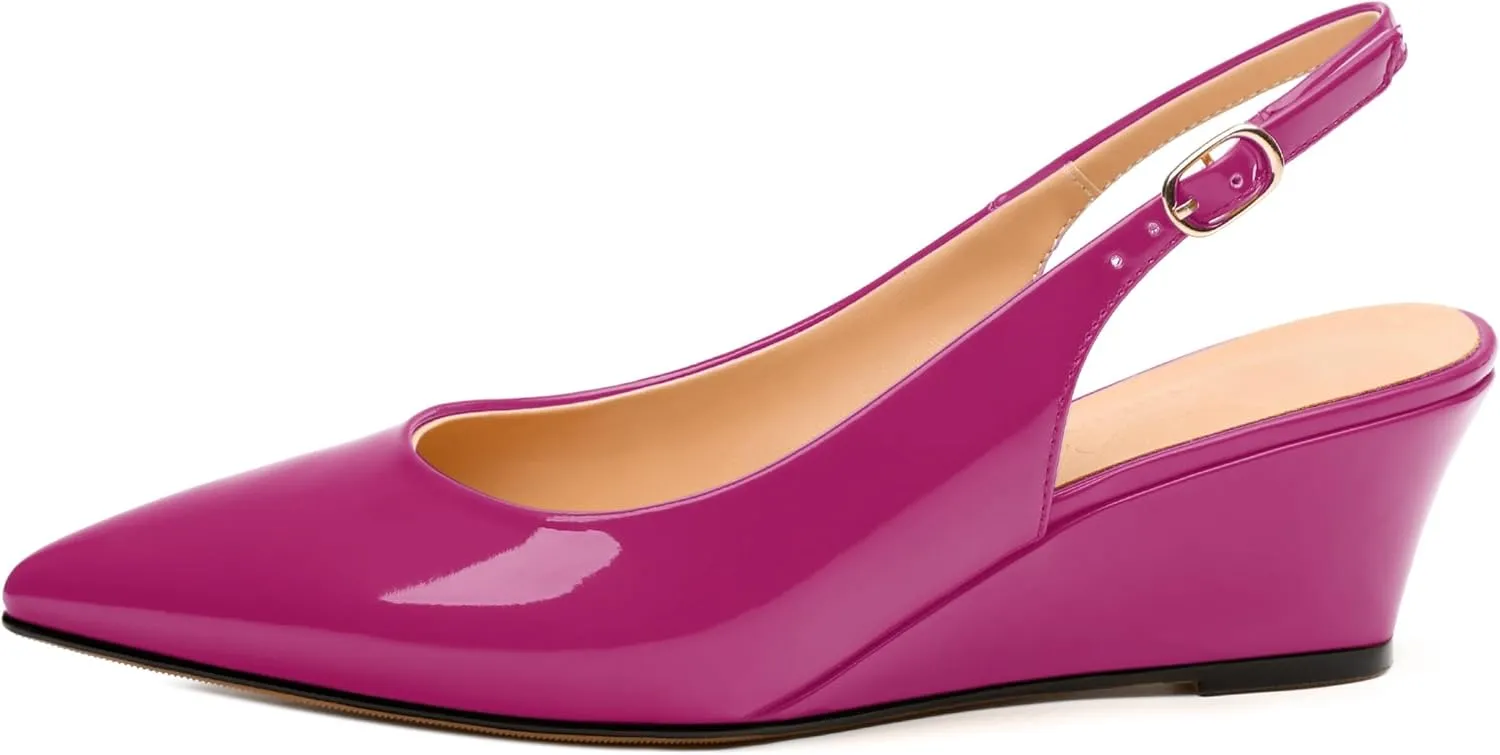 Womens Wedge Heel Pumps, Pointed Toe Mid Heel Slingback Pumps for Women, Leather Insole Comfort Pumps with Buckle 2"