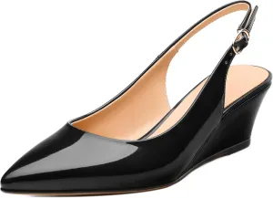 Womens Wedge Heel Pumps, Pointed Toe Mid Heel Slingback Pumps for Women, Leather Insole Comfort Pumps with Buckle 2"