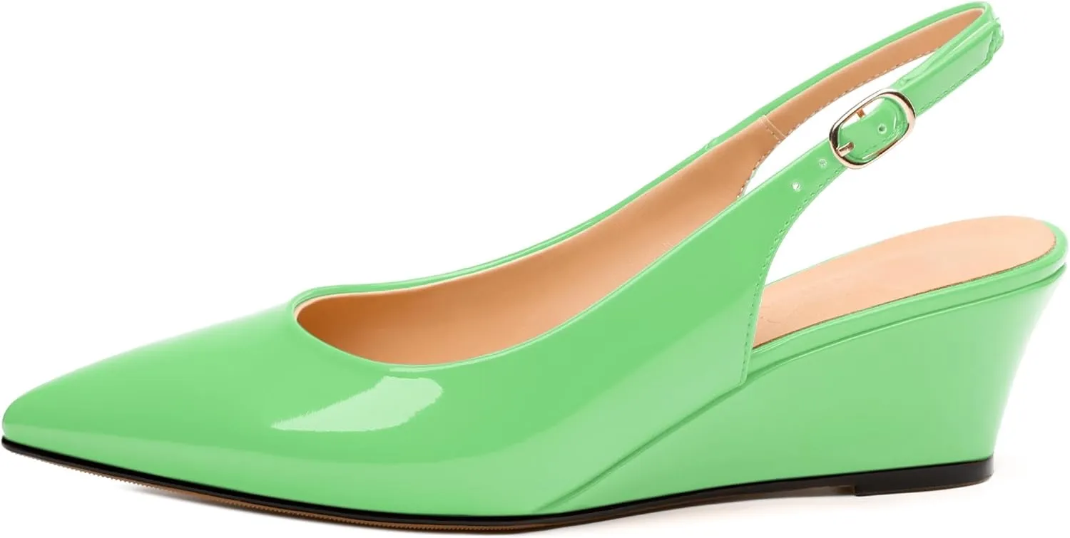 Womens Wedge Heel Pumps, Pointed Toe Mid Heel Slingback Pumps for Women, Leather Insole Comfort Pumps with Buckle 2"
