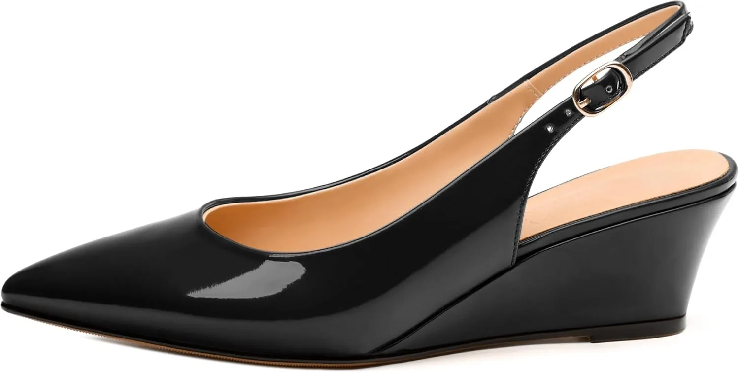 Womens Wedge Heel Pumps, Pointed Toe Mid Heel Slingback Pumps for Women, Leather Insole Comfort Pumps with Buckle 2"