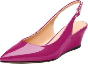 Womens Wedge Heel Pumps, Pointed Toe Mid Heel Slingback Pumps for Women, Leather Insole Comfort Pumps with Buckle 2"