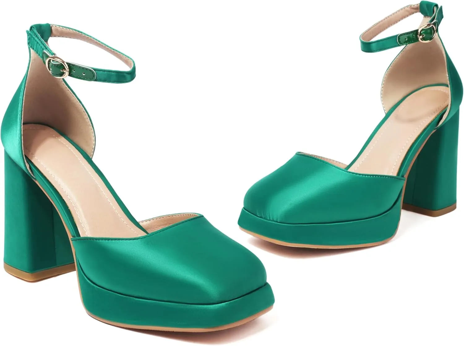 XIEDA Women's Closed Toe Platform Chunky High Block Satin Heels 4 Inch Ankle Strap Party Prom Dress Pumps