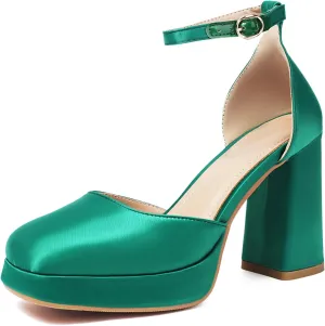 XIEDA Women's Closed Toe Platform Chunky High Block Satin Heels 4 Inch Ankle Strap Party Prom Dress Pumps