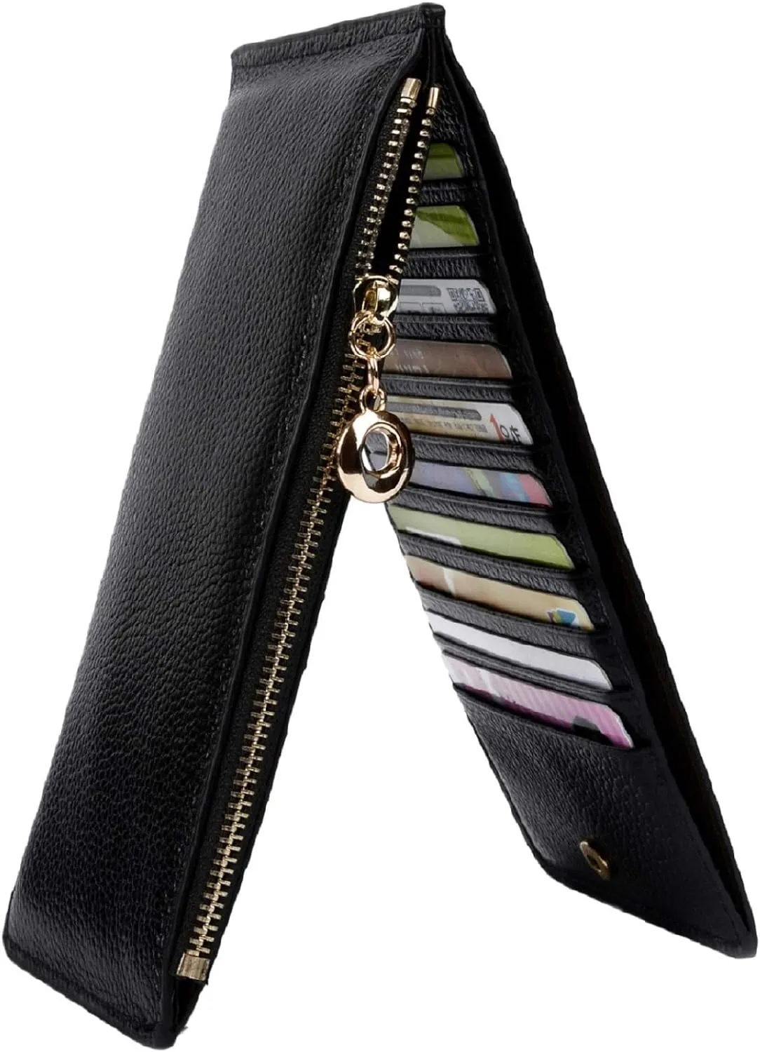 YALUXE Women's RFID Blocking Genuine Leather Multi Card Organizer Wallet with Zipper Pocket RFID Blocking Black