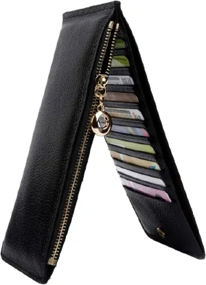 YALUXE Women's RFID Blocking Genuine Leather Multi Card Organizer Wallet with Zipper Pocket RFID Blocking Black