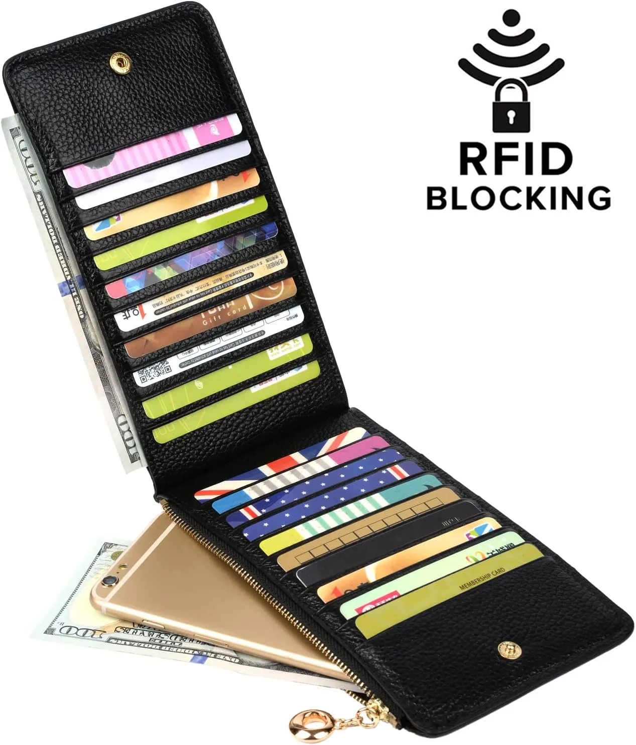 YALUXE Women's RFID Blocking Genuine Leather Multi Card Organizer Wallet with Zipper Pocket RFID Blocking Black