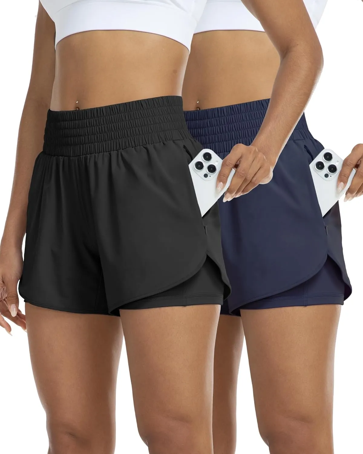 YEZII Womens High Waist Running Shorts Athletic Workout Quick Dry Shorts for Women with Pockets Gym Yoga White Summer Shorts