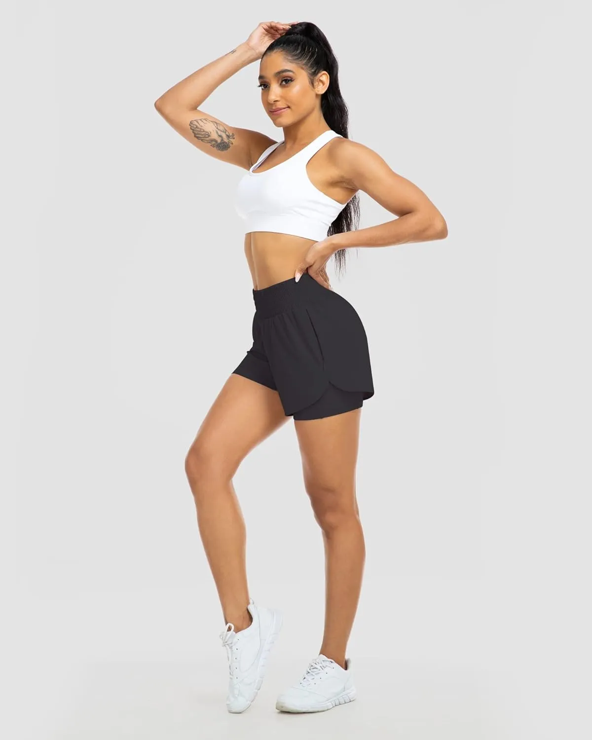 YEZII Womens High Waist Running Shorts Athletic Workout Quick Dry Shorts for Women with Pockets Gym Yoga White Summer Shorts