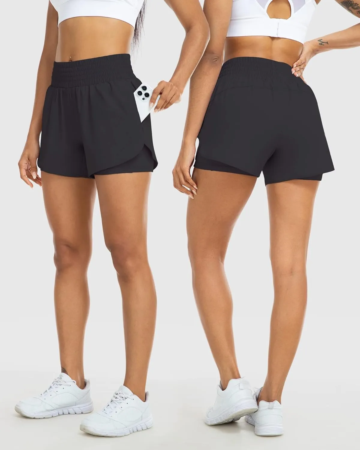 YEZII Womens High Waist Running Shorts Athletic Workout Quick Dry Shorts for Women with Pockets Gym Yoga White Summer Shorts