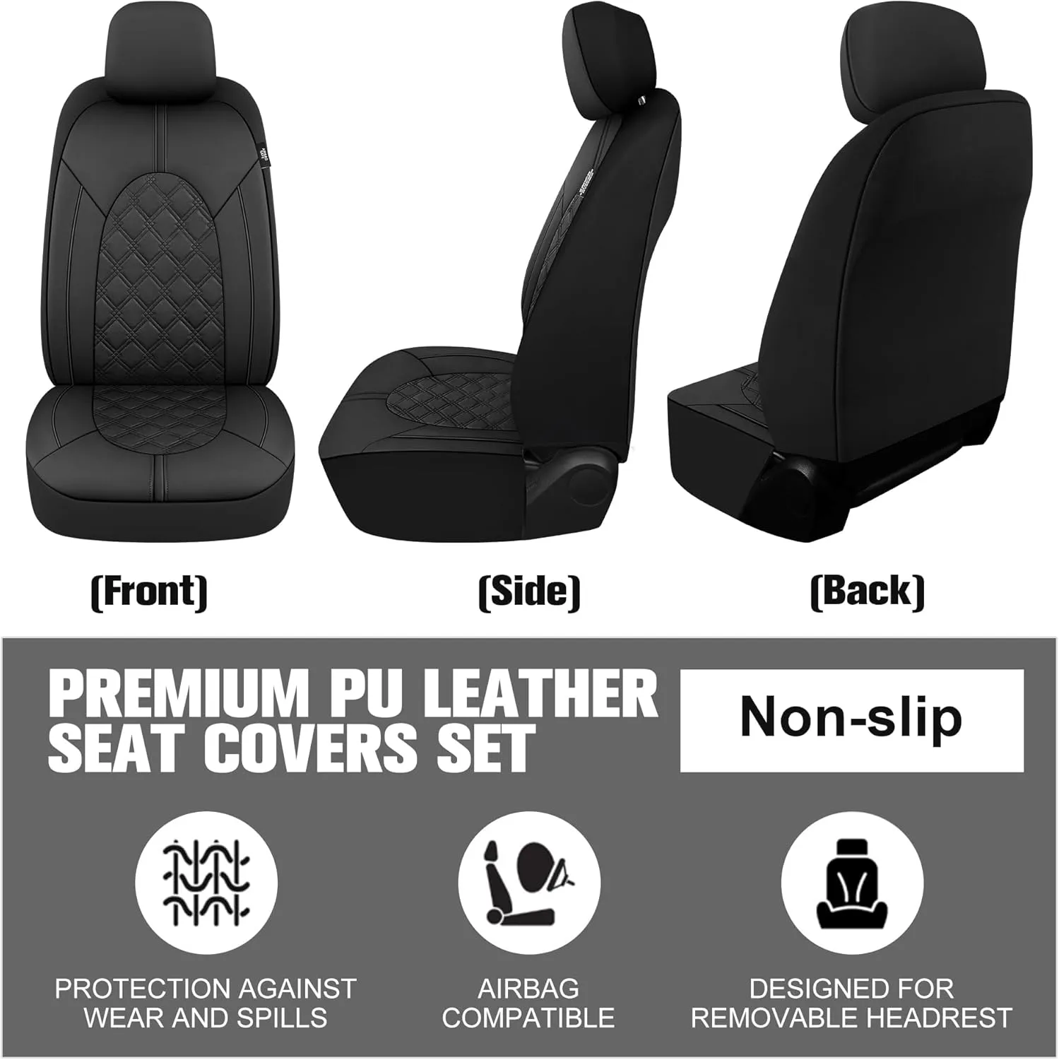 YGL Luxury PU Leather Car Seat Covers Front Set, Non-Slip Seat Cover Protectors, Universal Fit for Cars, Trucks, SUVs, Vans, Pickups, Airbag Compatible, Seat Covers for Car Interior (Black)