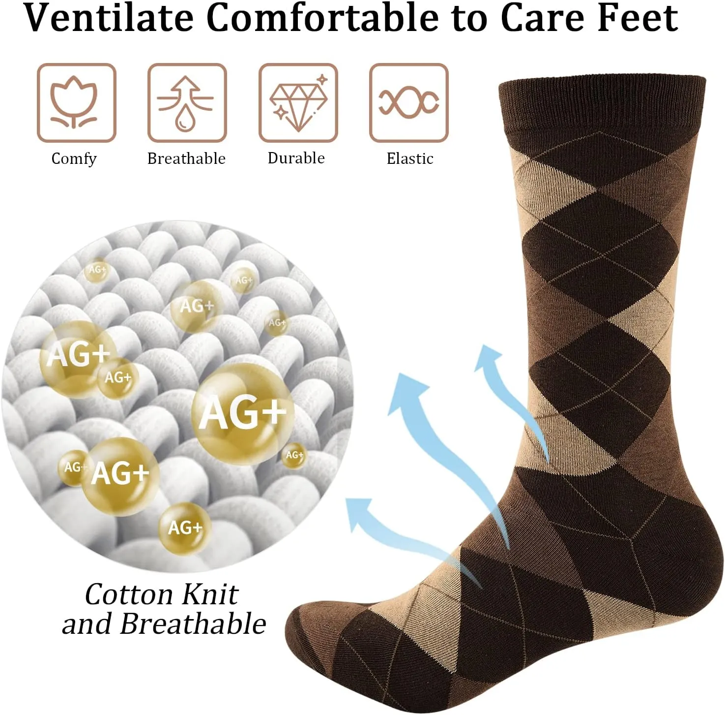 Yousu Mens Dress Socks Business Casual Solid Pattern Cotton Crew Sock 6 Pairs